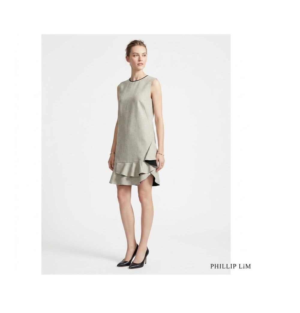 3.1 Phillip Lim Neutral Sleeveless Shift Dress w Flounce Hem Black Trim | 8